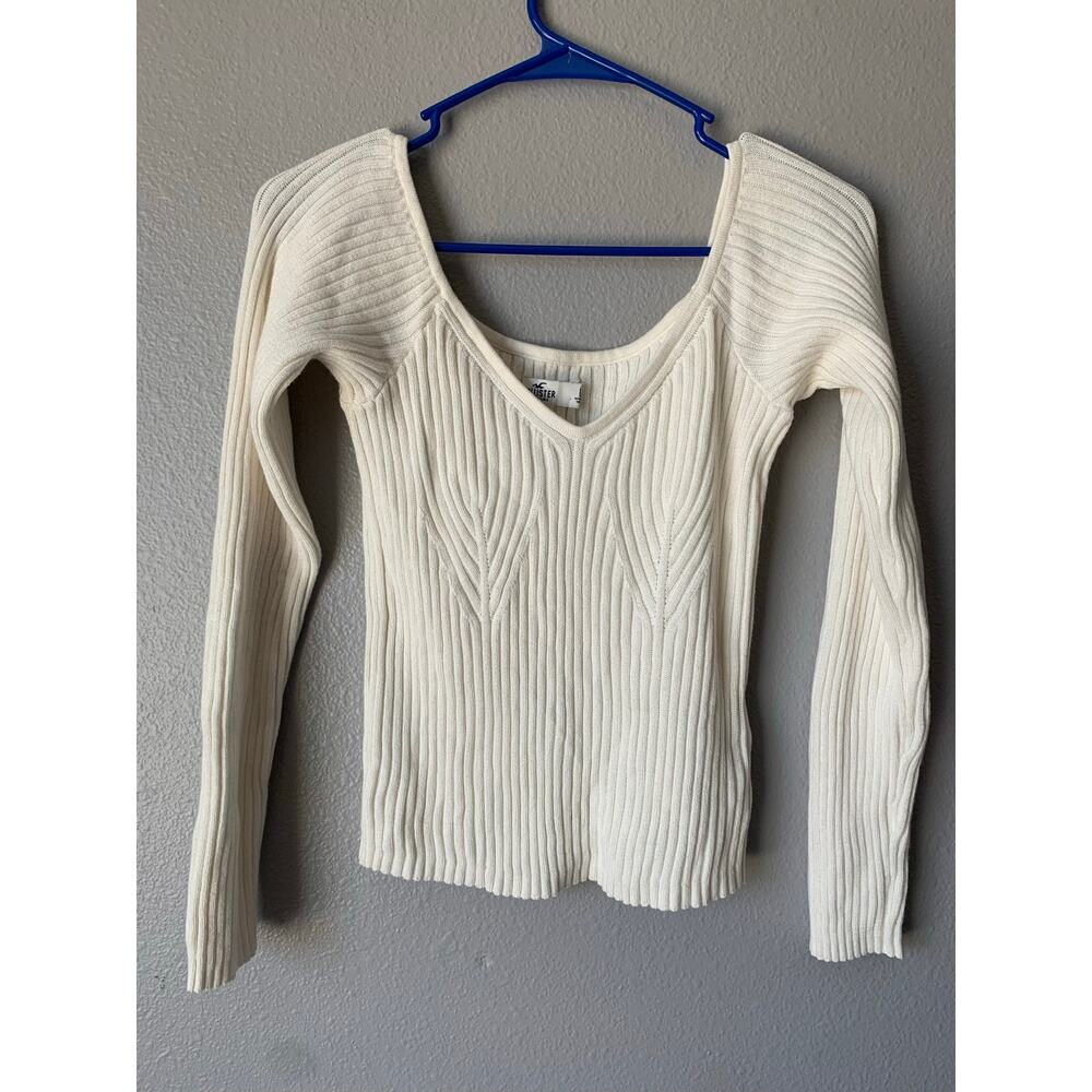 Hollister California Cream Ribbed V-Neck Sweater Size Large